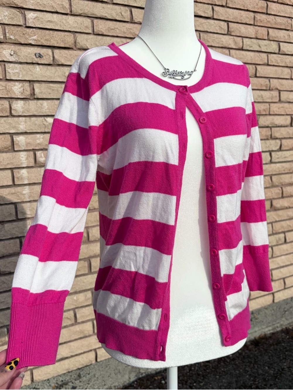 Vintage y2k Hot Pink and White Striped Cardigan Sweater